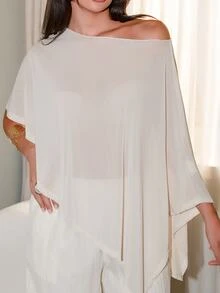 Bris Aura Women's Solid Color Asymmetric Hem Batwing Sleeve Loose Blouse,Summer Top - Apricot - View 4