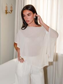 Bris Aura Women's Solid Color Asymmetric Hem Batwing Sleeve Loose Blouse,Summer Top - Apricot - View 5