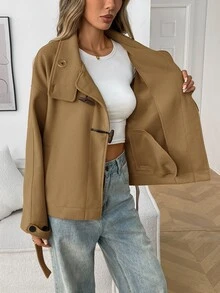 Elyressa Women's High Neck Raglan Sleeve Horn Button Fashion Versatile Minimalist French Casual Elegant Overcoat Office Work Everyday Khaki Fall - Khaki - View 4