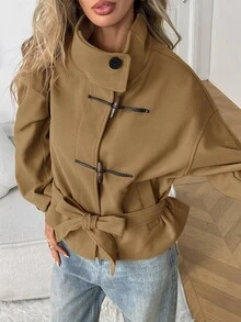 Elyressa Women's High Neck Raglan Sleeve Horn Button Fashion Versatile Minimalist French Casual Elegant Overcoat Office Work Everyday Khaki Fall - Khaki - View 8