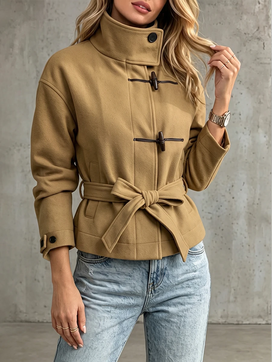 Elyressa Women's High Neck Raglan Sleeve Horn Button Fashion Versatile Minimalist French Casual Elegant Overcoat Office Work Everyday Khaki Fall - Khaki - View 1