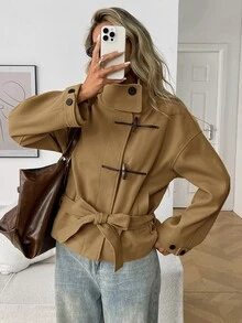 Elyressa Women's High Neck Raglan Sleeve Horn Button Fashion Versatile Minimalist French Casual Elegant Overcoat Office Work Everyday Khaki Fall - Khaki - View 3