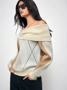 Maija Women's Contrast Color Pleated Off-Shoulder Long Sleeve Casual Sweater,Going Out Outfits, Work Outfits For Women,Fall Clothes - Khaki - View 6