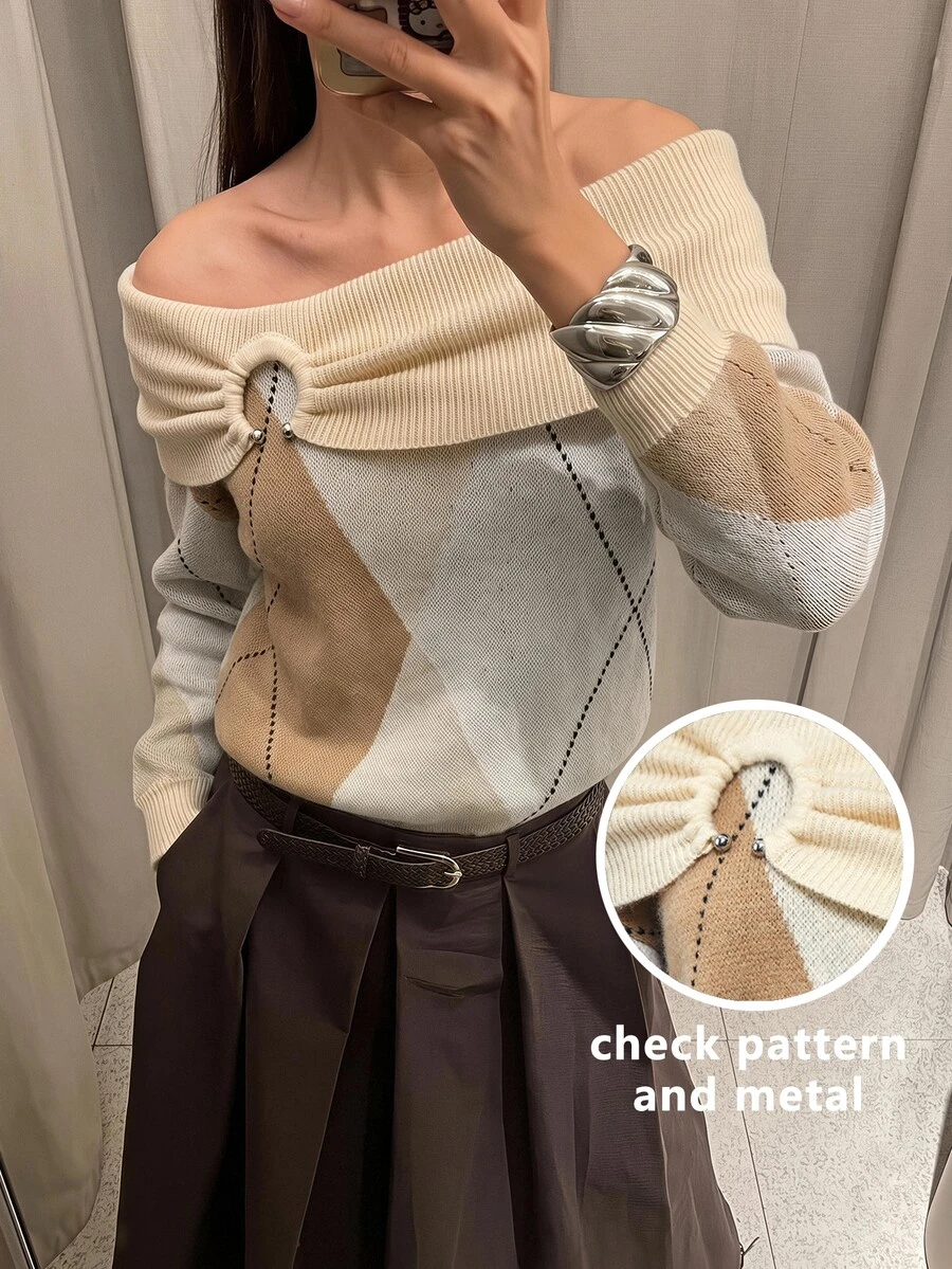 Maija Women's Contrast Color Pleated Off-Shoulder Long Sleeve Casual Sweater,Going Out Outfits, Work Outfits For Women,Fall Clothes - Khaki - View 1