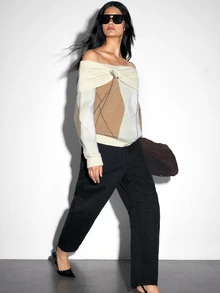 Maija Women's Contrast Color Pleated Off-Shoulder Long Sleeve Casual Sweater,Going Out Outfits, Work Outfits For Women,Fall Clothes - Khaki - View 5