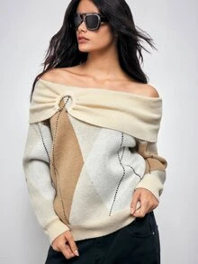 Maija Women's Contrast Color Pleated Off-Shoulder Long Sleeve Casual Sweater,Going Out Outfits, Work Outfits For Women,Fall Clothes - Khaki - View 4