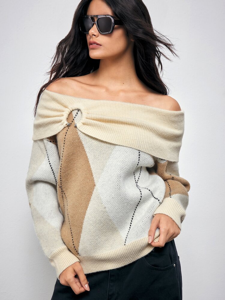 Maija Women's Contrast Color Pleated Off-Shoulder Long Sleeve Casual Sweater,Going Out Outfits, Work Outfits For Women,Fall Clothes - Khaki - View 4