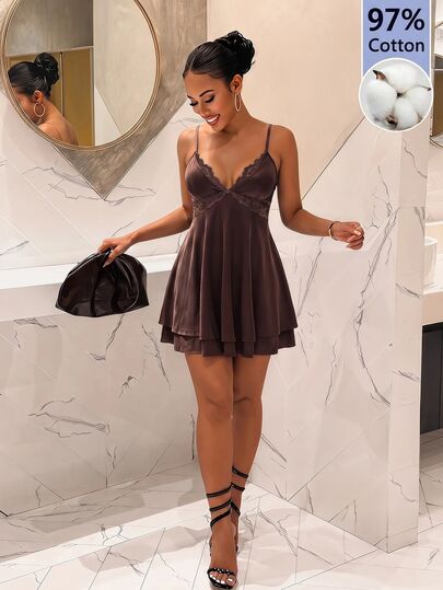 Slaydiva Women Brown Strap Y2K Chic Mini Dress, VNeck Lace Trim ALine Short Slip Dress, Double Layer Flowy Nightclub Party Casual Babydoll Dresses