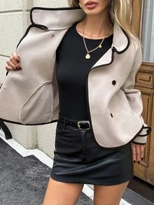 SHEIN LUNE Jaket Kasual Wanita untuk Komuter Potongan Reguler dengan Trim Kontras Lengan Panjang Patchwork Musim Gugur/Dingin Pakaian Luar Dasar Harian Fashion untuk Pergi Keluar - Unta - View 10