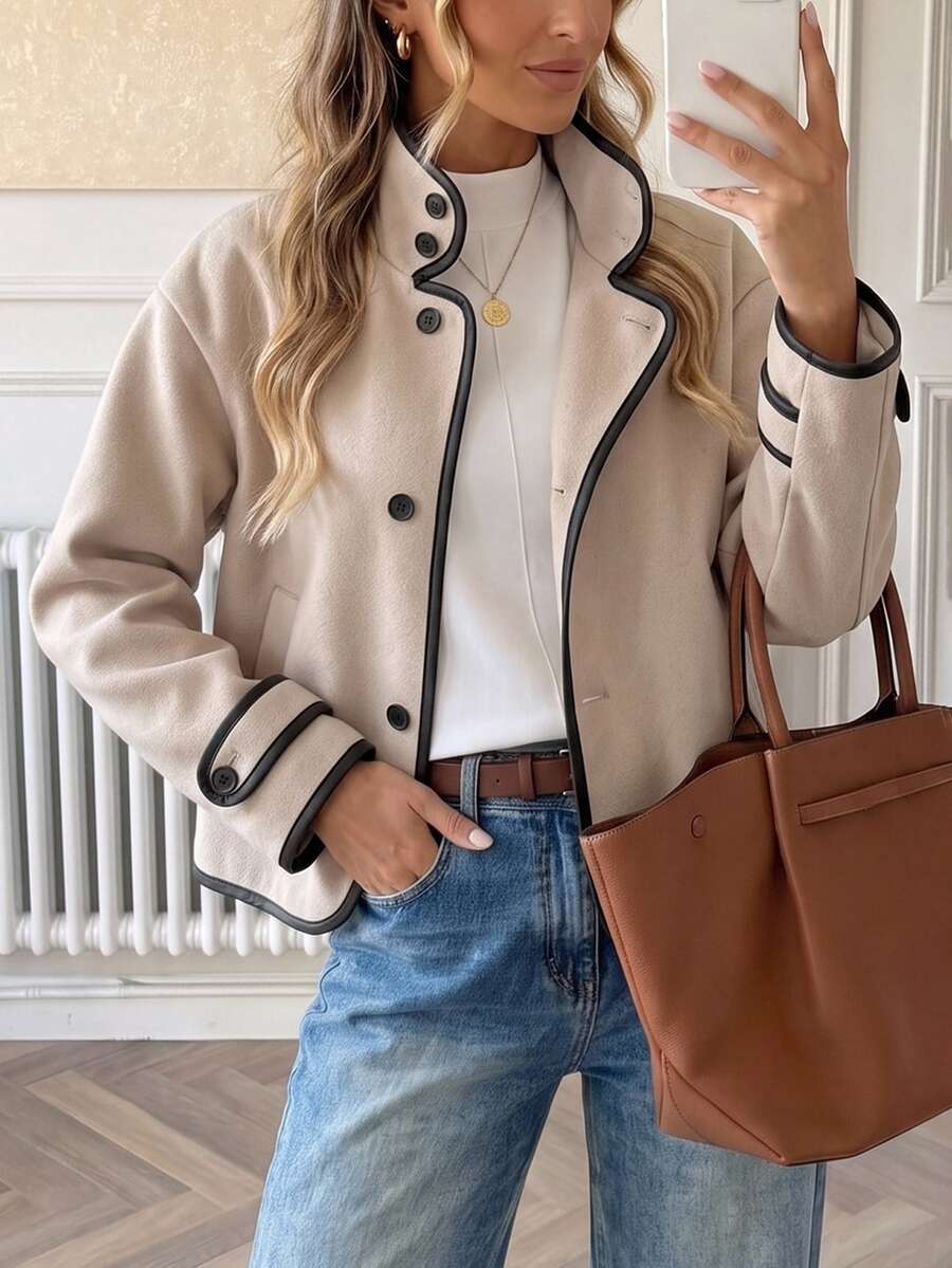 SHEIN LUNE Jaket Kasual Wanita untuk Komuter Potongan Reguler dengan Trim Kontras Lengan Panjang Patchwork Musim Gugur/Dingin Pakaian Luar Dasar Harian Fashion untuk Pergi Keluar - Unta - View 1