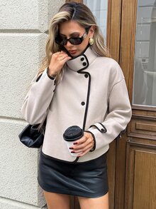 SHEIN LUNE Jaket Kasual Wanita untuk Komuter Potongan Reguler dengan Trim Kontras Lengan Panjang Patchwork Musim Gugur/Dingin Pakaian Luar Dasar Harian Fashion untuk Pergi Keluar - Unta - View 5