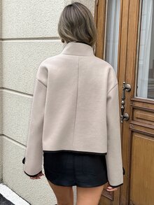SHEIN LUNE Jaket Kasual Wanita untuk Komuter Potongan Reguler dengan Trim Kontras Lengan Panjang Patchwork Musim Gugur/Dingin Pakaian Luar Dasar Harian Fashion untuk Pergi Keluar - Unta - View 2