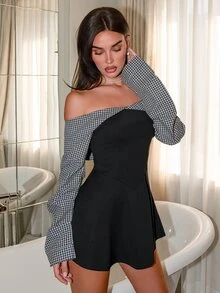 Bris Aura Women's Autumn/Winter Collegiate Style Minimalist Bardot Ruched Waist Contrast Color Mini Dress, Figure-Flattering - Black - View 4
