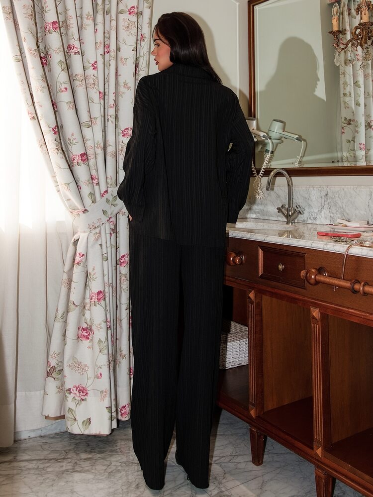 Bris Aura Autumn New Textured Fabric Casual Drop Shoulder Hem Slit Shirt And Practical Side Pocket Wide Leg Pants 2 Pieces Set For Women - Black - View 2