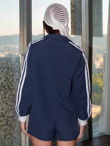 Bris Aura 女士条纹长袖拉链外套和短裤休闲两件套 - 藏蓝色 - 查看 2