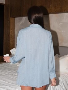 Bris Aura 女士春夏休闲亚麻混纺宽松衬衫和低腰短裤两件套 - 霧霾藍 - 查看 2