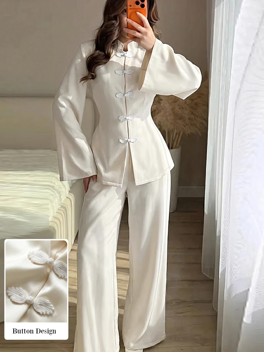 Rue Lumi Spring/Summer Women's 2 Pieces Set With Waist-Cinching Slimming Design, Tie Closure And Frog Buttons, Elegant Versatile Daily Commute Outfit