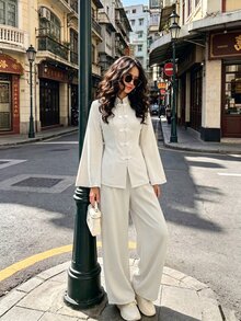 Rue Lumi Spring/Summer Women's 2 Pieces Set With Waist-Cinching Slimming Design, Tie Closure And Frog Buttons, Elegant Versatile Daily Commute Outfit - Apricot - View 6