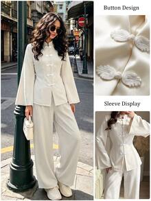 Rue Lumi Spring/Summer Women's 2 Pieces Set With Waist-Cinching Slimming Design, Tie Closure And Frog Buttons, Elegant Versatile Daily Commute Outfit - Apricot - View 7