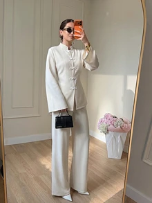 Rue Lumi Spring/Summer Women's 2 Pieces Set With Waist-Cinching Slimming Design, Tie Closure And Frog Buttons, Elegant Versatile Daily Commute Outfit - Apricot - View 4