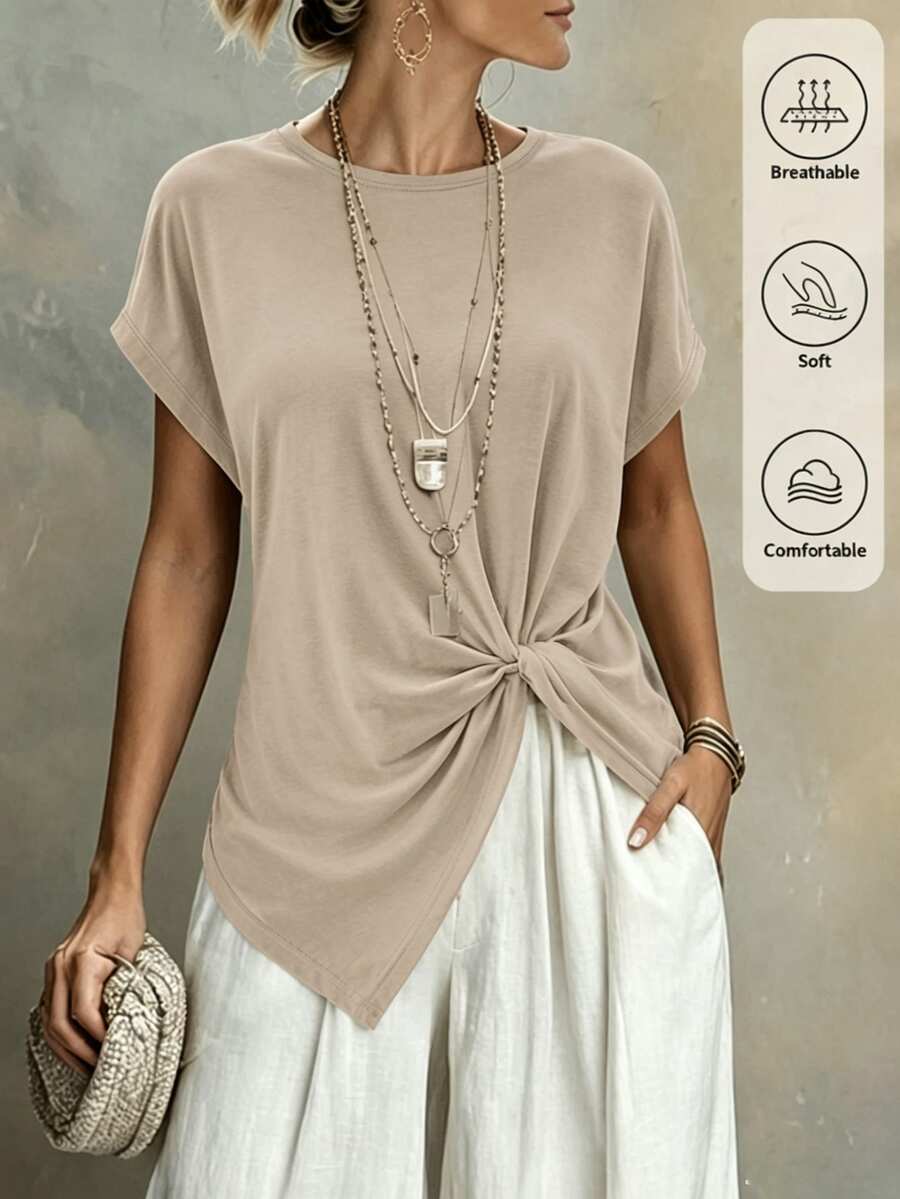 Louniche Kaos Wanita Kasual Warna Polos dengan Detail Hem Berpilin - Khaki - View 1
