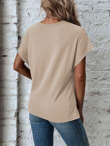 Louniche Kaos Wanita Kasual Warna Polos dengan Detail Hem Berpilin - Khaki - View 2