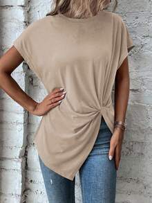 Louniche Kaos Wanita Kasual Warna Polos dengan Detail Hem Berpilin - Khaki - View 3