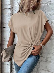 Louniche Kaos Wanita Kasual Warna Polos dengan Detail Hem Berpilin - Khaki - View 8