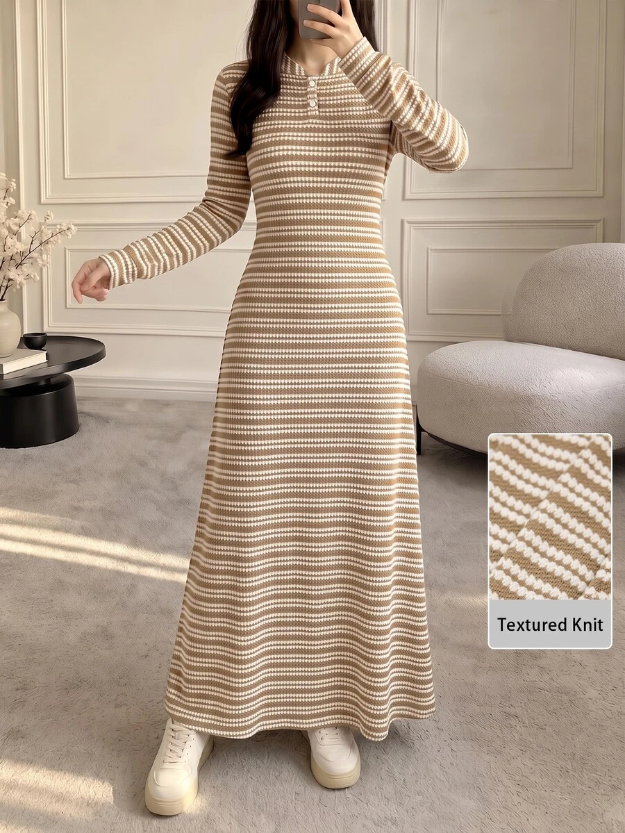 Graceveil Women's Casual Loose Textured Fabric Crew Neck Sweatshirt Maxi Dress, Autumn/Winter Style, Dual-Color Shell Textured Fabric, Beige And Coffee Striped Pattern, Suitable For Autumn Wear, Outdoor Activities, Work, Office Commute, Daily Wear