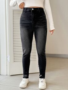 SHEIN 孕婦休閒日常外出牛仔褲，附口袋與鈕扣，女款牛仔女孩風格套裝 - 黑色 - 查看 7