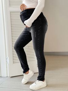 SHEIN 孕婦休閒日常外出牛仔褲，附口袋與鈕扣，女款牛仔女孩風格套裝 - 黑色 - 查看 3