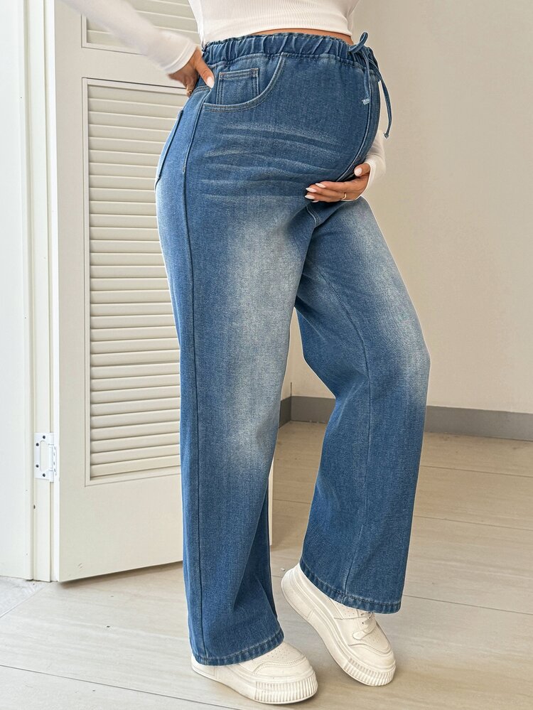 SHEIN Maternity Casual Washed Thermal Lined Jeans Cowgirl Outfits For Women - Blue - View 4