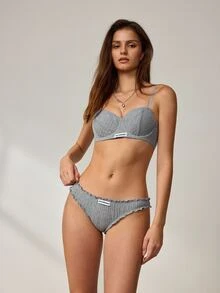 Lowkey Lull 2pcs Pure Cotton Comfortable Minimalist Wide Ribbed Wide Stripe 3/4cup Underwire Molded Cup Push-Up Support Lace Trim Bow Women's Lingerie Set - Grey - View 5