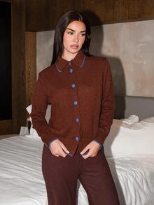 Bris Aura 女士时尚休闲撞色纽扣饰边开衫 - 棕色 - 查看 6