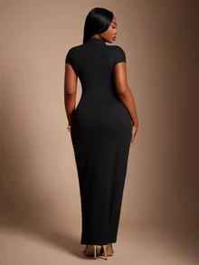 Radiana Curve Plus Size Women's Chinese Style Elegant Sexy Cheongsam Collar Side Slit Solid Color Dress All-Match Versatile Daily Cocktail Party Black Summer - Black - View 5