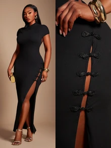 Radiana Curve Plus Size Women's Chinese Style Elegant Sexy Cheongsam Collar Side Slit Solid Color Dress All-Match Versatile Daily Cocktail Party Black Summer - Black - View 2
