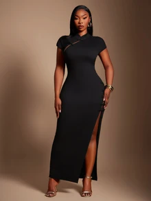 Radiana Curve Plus Size Women's Chinese Style Elegant Sexy Cheongsam Collar Side Slit Solid Color Dress All-Match Versatile Daily Cocktail Party Black Summer - Black - View 6