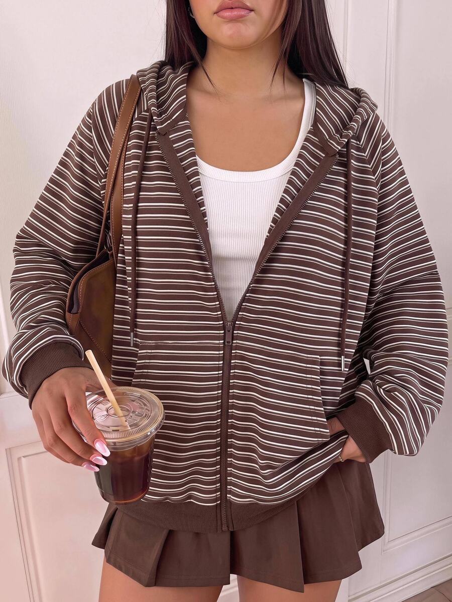Comfortcana Plus Size Women Grey All-Match Versatile Casual Hooded Long Sleeve Sweatshirt Sweatshirt Fall - Brown - View 1