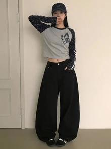 DAZY 女款水洗耐穿韓式寬鬆牛仔長褲 秋季 - 黑色 - 查看 6