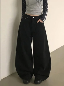 DAZY 女款水洗耐穿韓式寬鬆牛仔長褲 秋季 - 黑色 - 查看 7