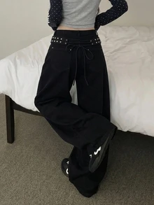 DAZY 女款水洗耐穿韓式寬鬆牛仔長褲 秋季 - 黑色 - 查看 3