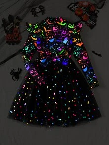 Tween Girl Tween Girls Glow In The Dark Long Sleeve Dress Mesh Knit Stretch Cartoon Graffiti Pattern Homecoming Dress Halloween Fall Style Christmas - Black - View 8