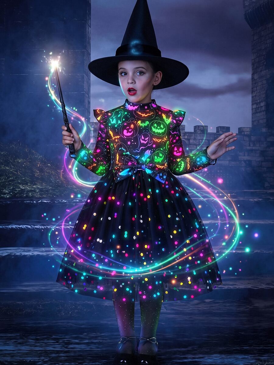 Tween Girl Tween Girls Glow In The Dark Long Sleeve Dress Mesh Knit Stretch Cartoon Graffiti Pattern Homecoming Dress Halloween Fall Style Christmas - Black - View 1