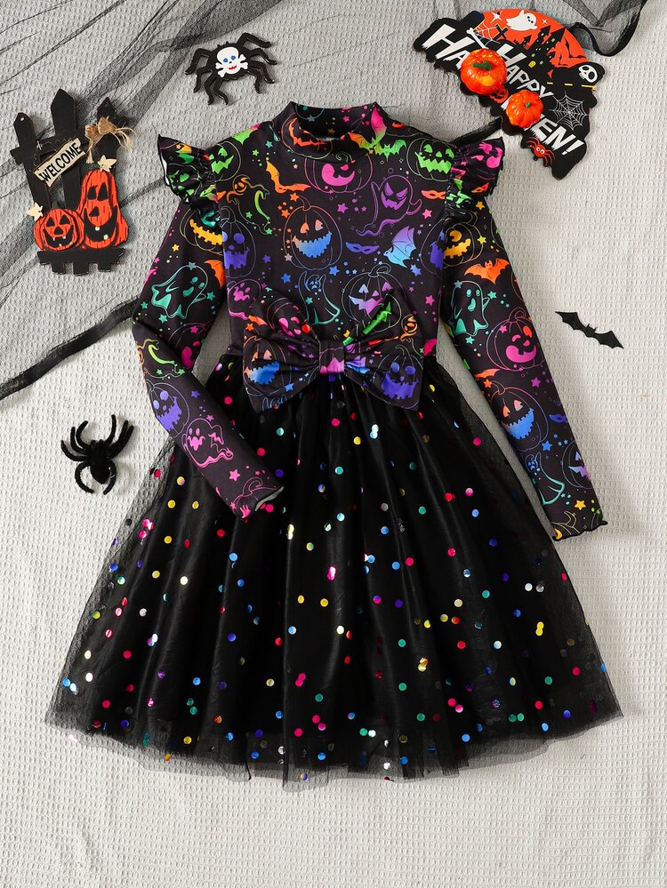 Tween Girl Tween Girls Glow In The Dark Long Sleeve Dress Mesh Knit Stretch Cartoon Graffiti Pattern Homecoming Dress Halloween Fall Style Christmas - Black - View 5