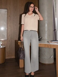 Bris Aura 女式夏季宽松休闲破洞牛仔裤 - 灰色 - 查看 6