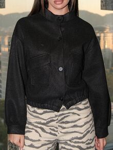 Bris Aura Jaket Pendek Wanita Kerah Polos dengan Saku, Pakaian Musim Gugur - Hitam - View 3