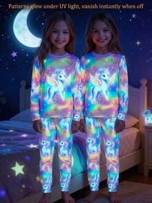 Tween Girl Unicorn Print Long Sleeve Top And Pants Loungewear Set - Multicolor - View 3