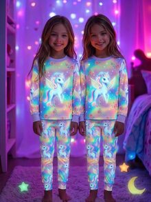 Tween Girl Unicorn Print Long Sleeve Top And Pants Loungewear Set - Multicolor - View 2