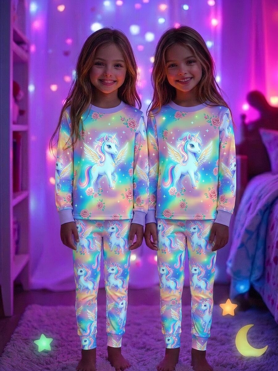 Tween Girl Unicorn Print Long Sleeve Top And Pants Loungewear Set