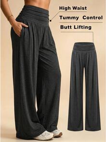 Easithlete Easithlete 2026 New Comfortable 4-Way Stretch Plus Size Women's Ruched Waist Wide Leg Sports Pants - Multicolor - View 1